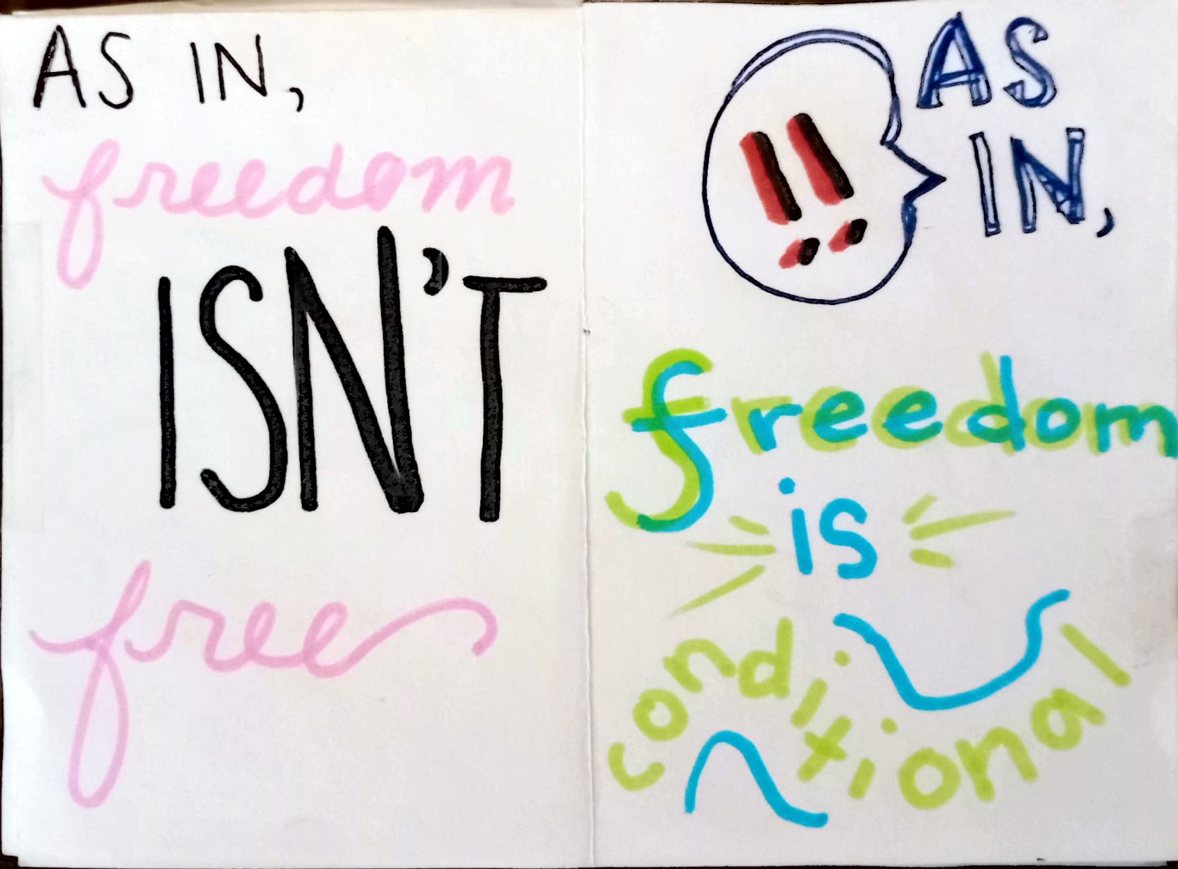 as in, freedom isn't free / as in, freedom is conditional